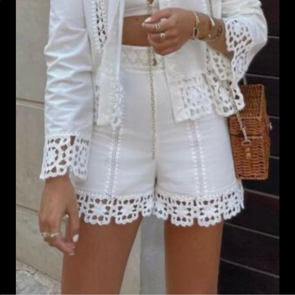 High waisted shorts with tonal crochet appliqué. Side hidden inseam zip closure - Picture 9 of 11